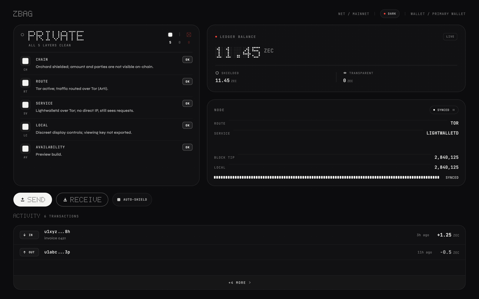 Design preview with sample data: the zbag desktop wallet showing sample balances, addresses, history, and block heights.