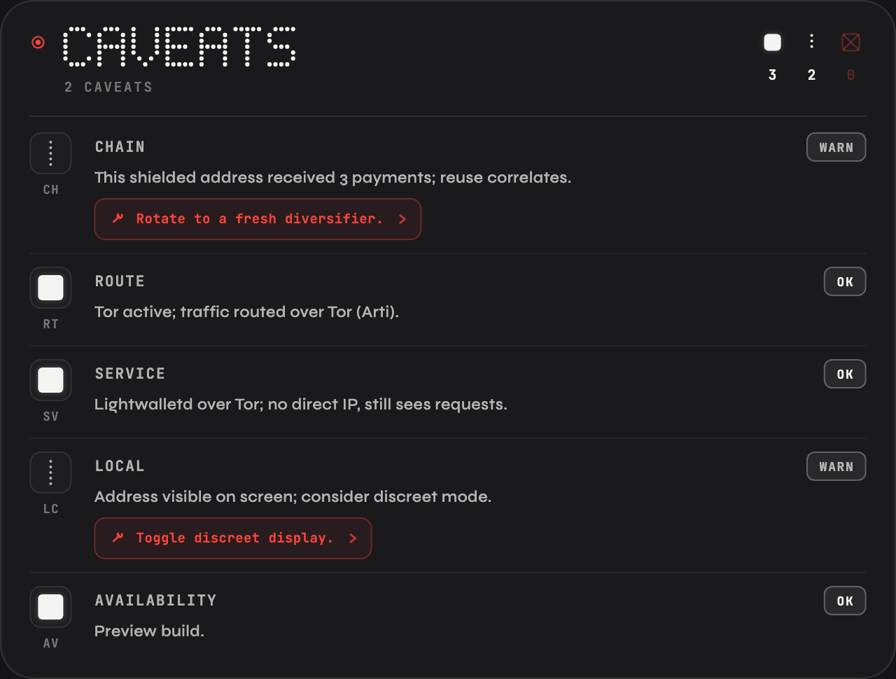 Design preview with sample data: a zbag privacy caveats panel that lists each caveat as text, with no balances shown.