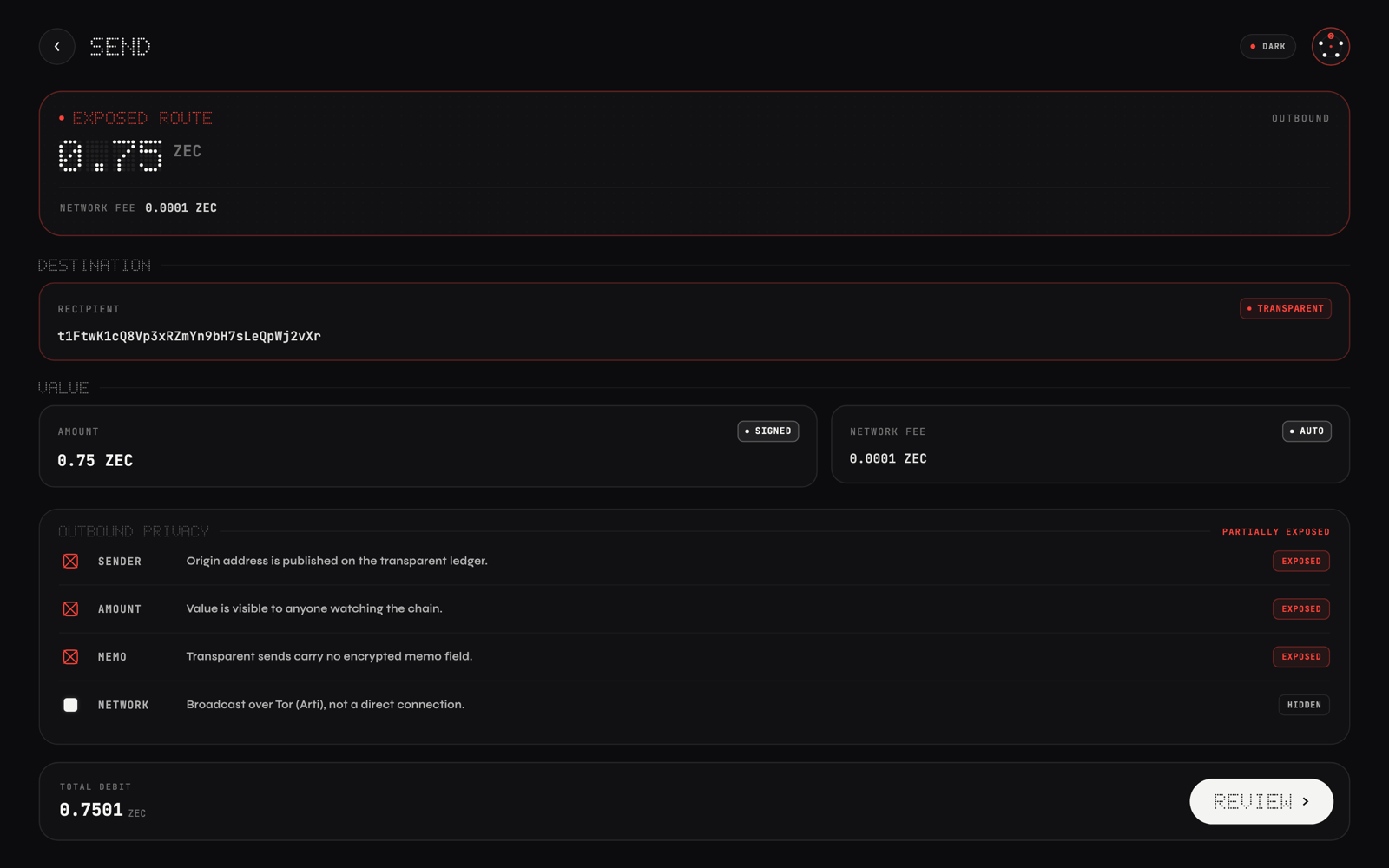 Design preview with sample data: sending to a transparent address, shown as a visible, explicit exception.
